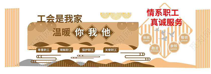 黄颜色中国风情系职工真诚服务工会之家文化墙设计工会职工之家
