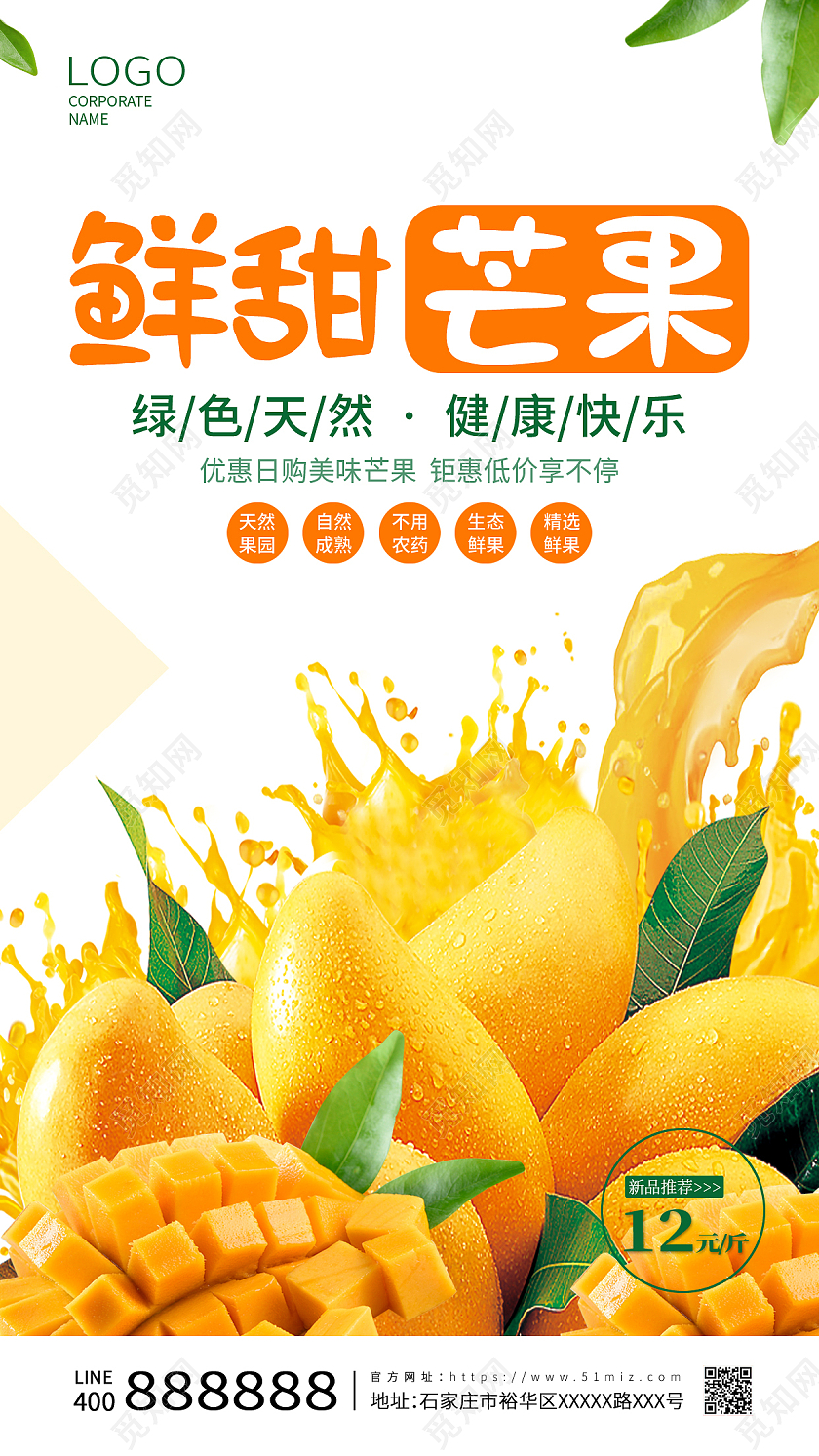 白色小清新风格鲜甜芒果芒果手机海报海报