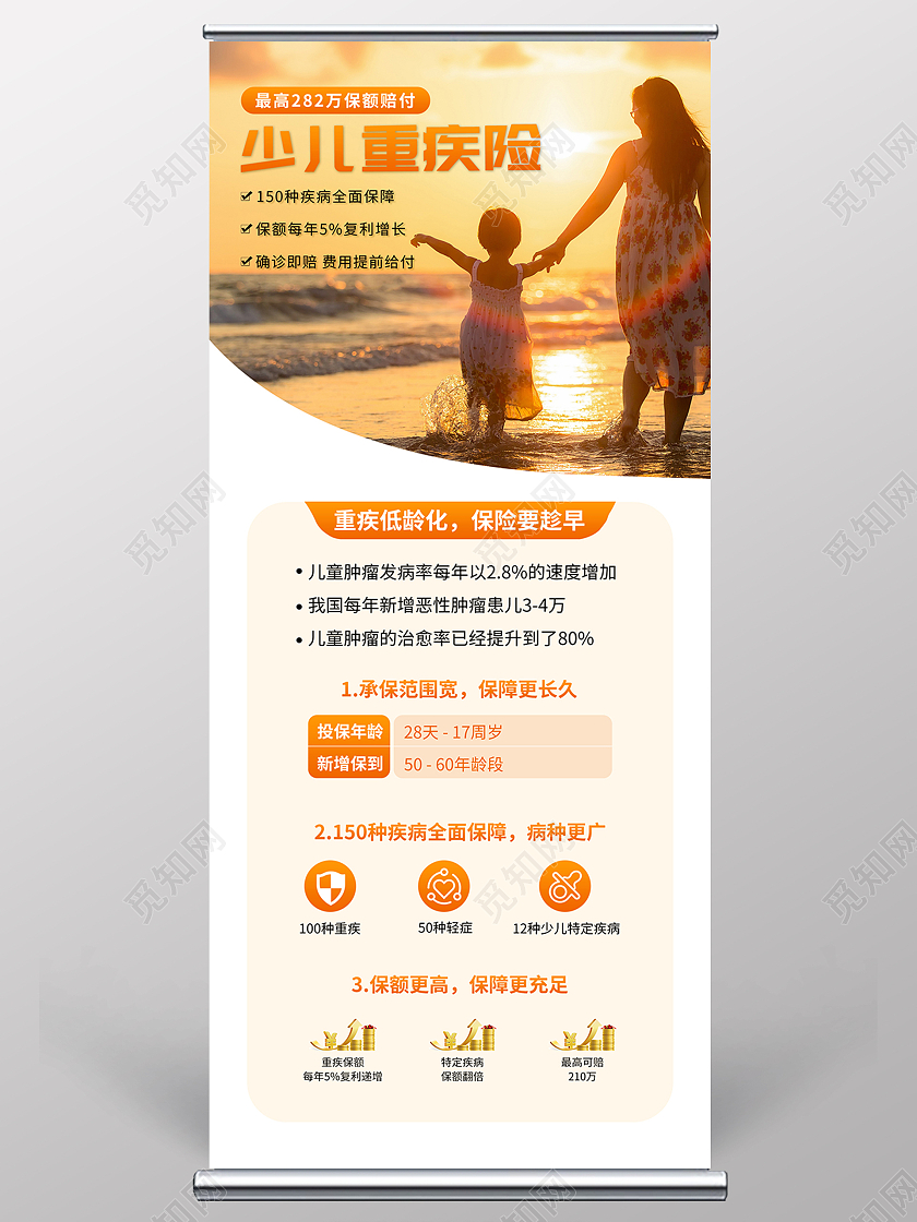 橙色少儿重疾险医疗健康宣传展架保险展架
