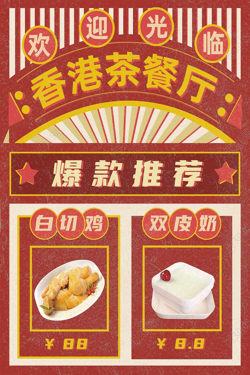 红色复古风香港茶餐厅爆款推荐美食菜单海报工业互联网