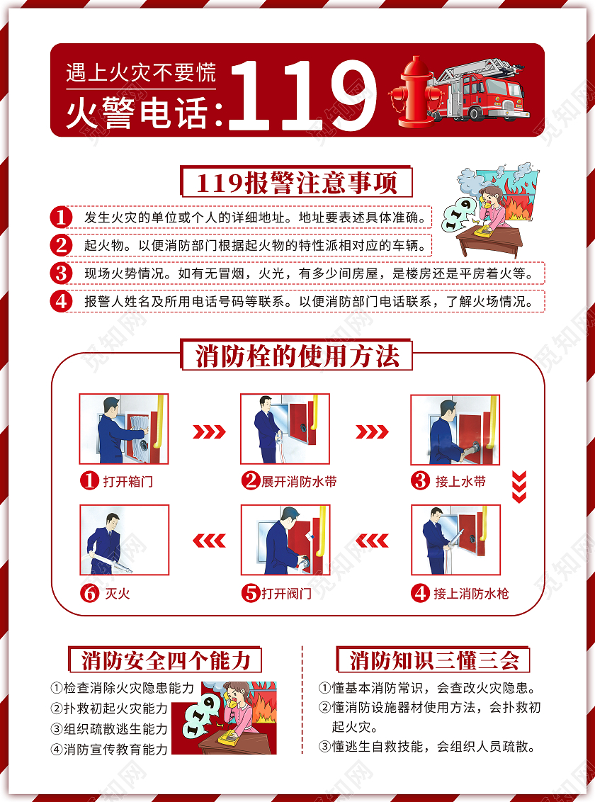 红色简洁层次卡通119全国消防日宣传单