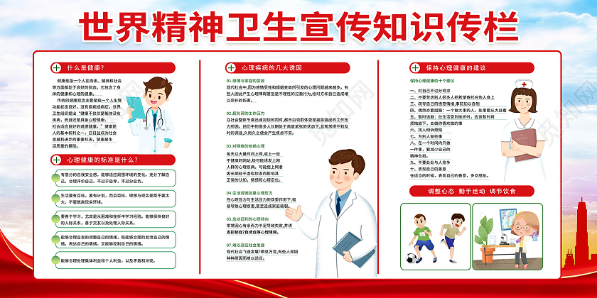 红色简约风世界精神卫生宣传知识传栏展板世界精神卫生日展板