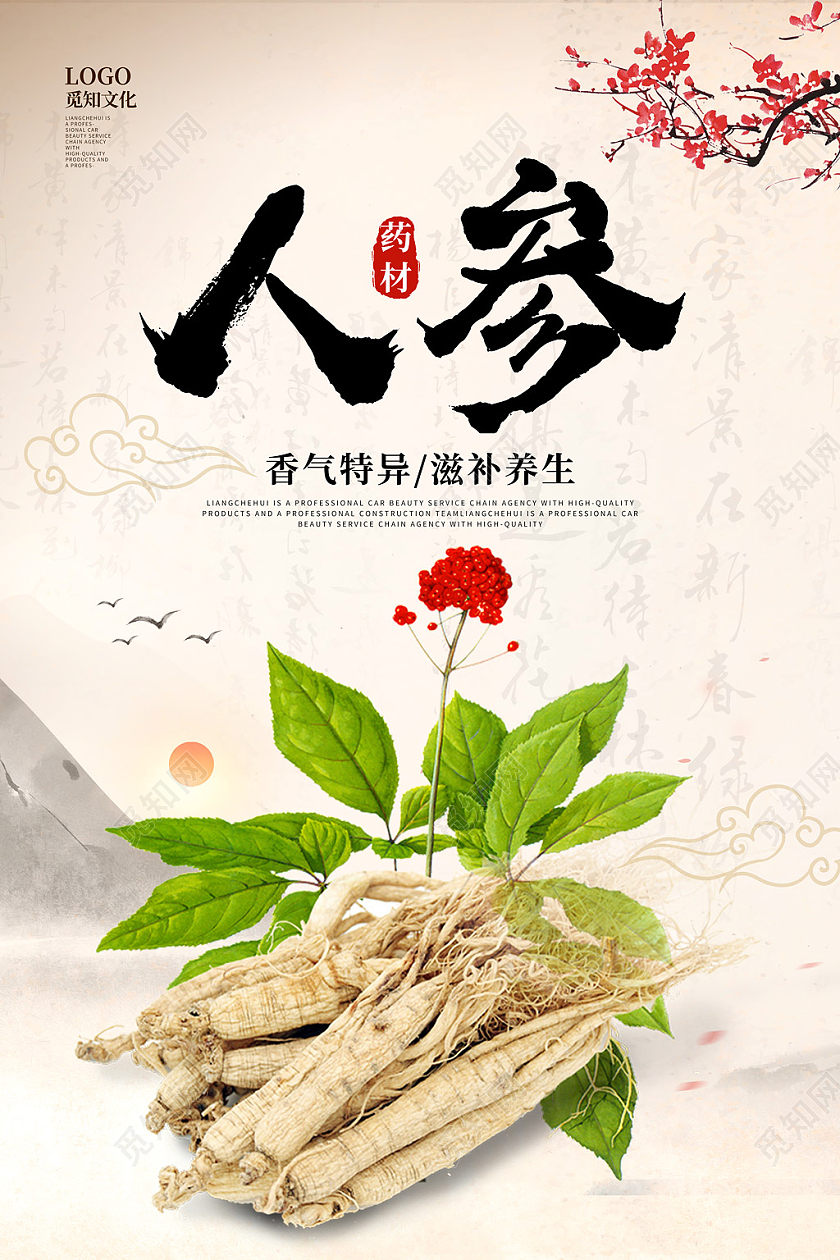 黄色水彩水墨中国风人参宣传海报