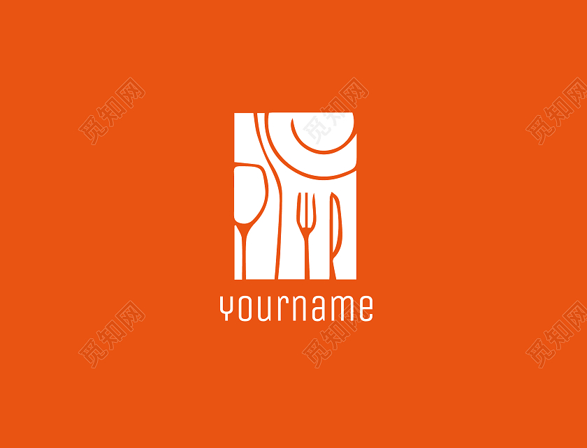 橙色手绘线条刀叉盘子食品西餐logo食品logo