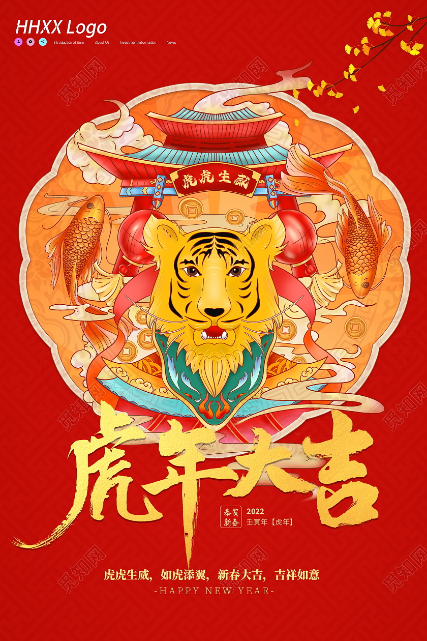 红色中国风简约国潮虎年大吉新年快乐海报背景虎年海报
