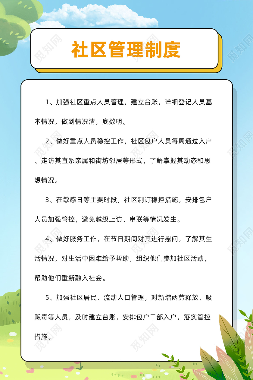 蓝天草地手绘社区管理制度社区制度海报