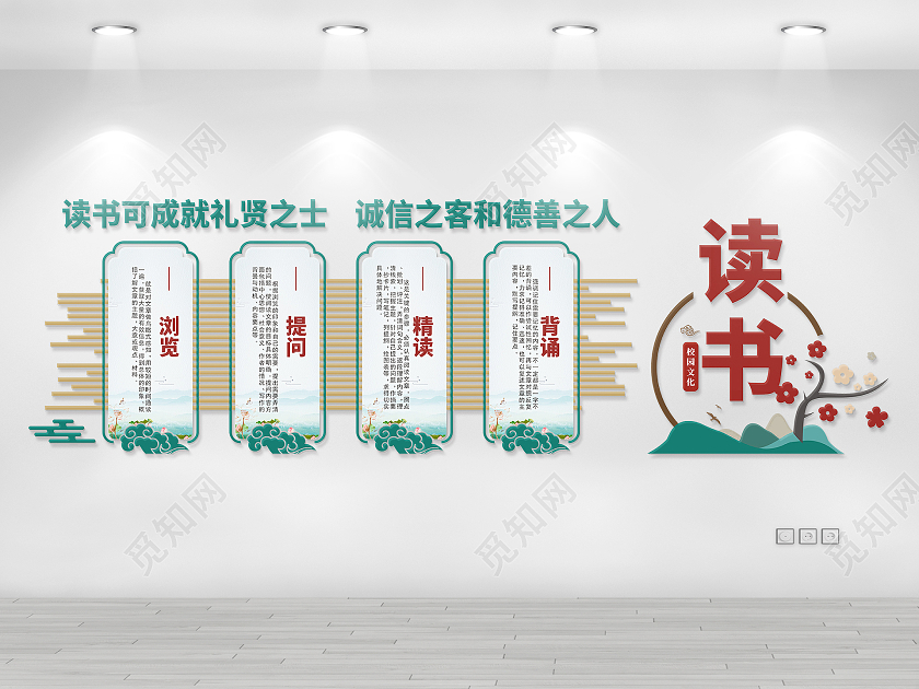 绿色清新简约学校走廊文化墙校园文化读书精读