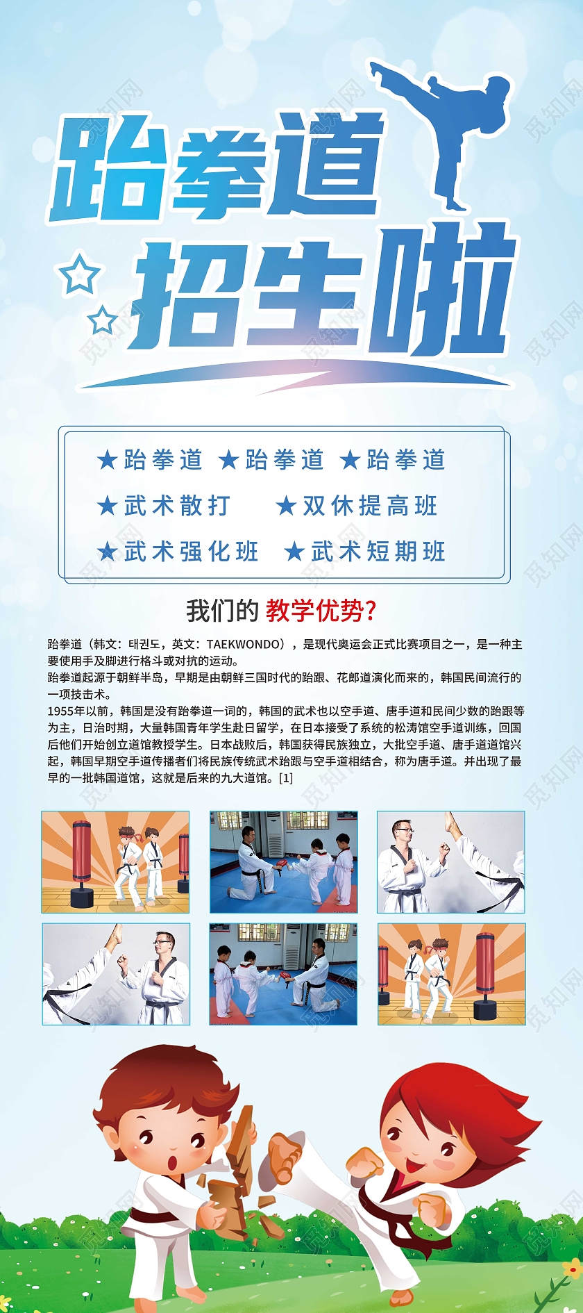 蓝色简约跆拳道招生啦跆拳道展架易拉宝