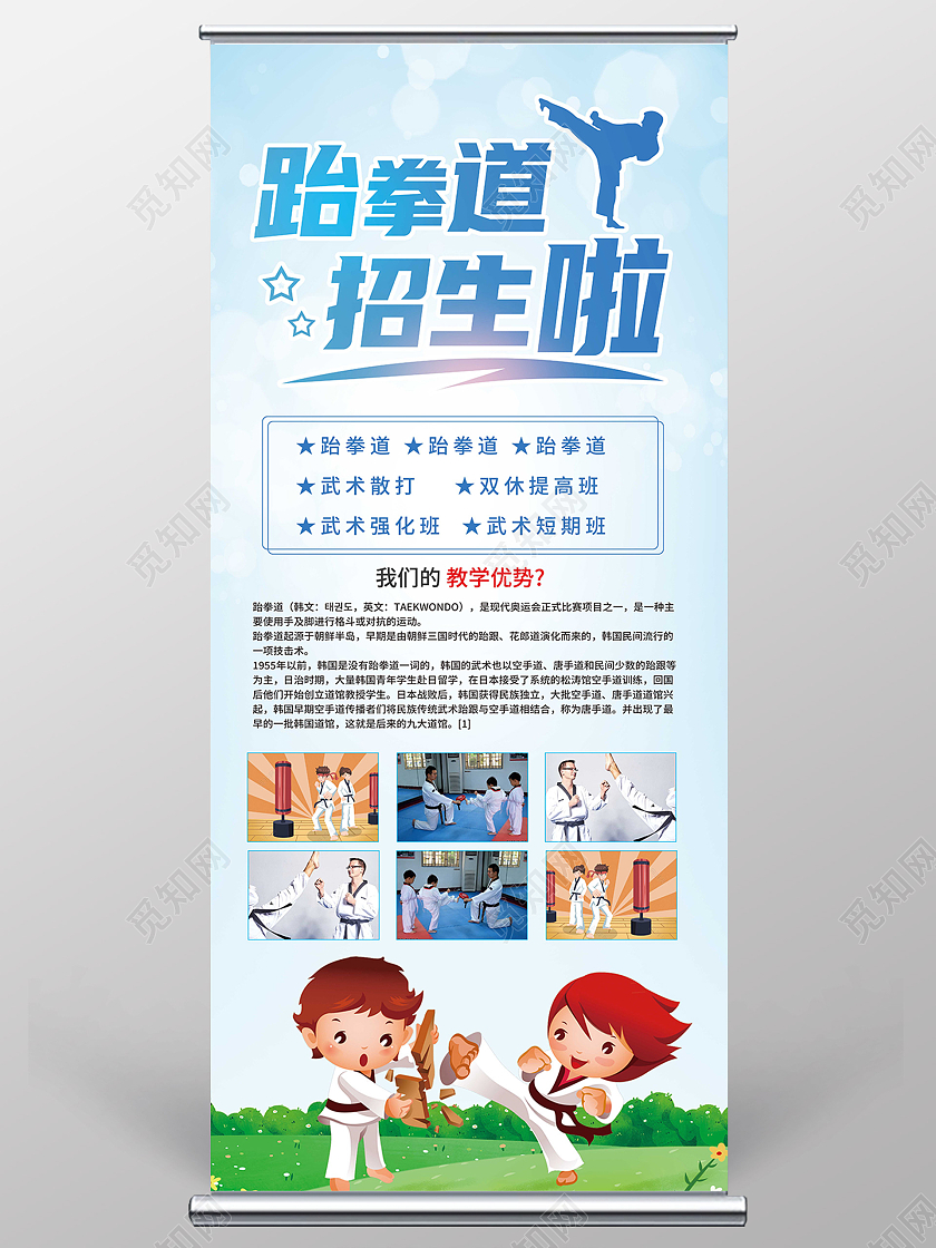 蓝色简约跆拳道招生啦跆拳道展架易拉宝