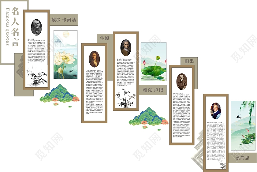 褐色简约国风学校楼梯文化墙名人名言文化墙学校走廊文化墙