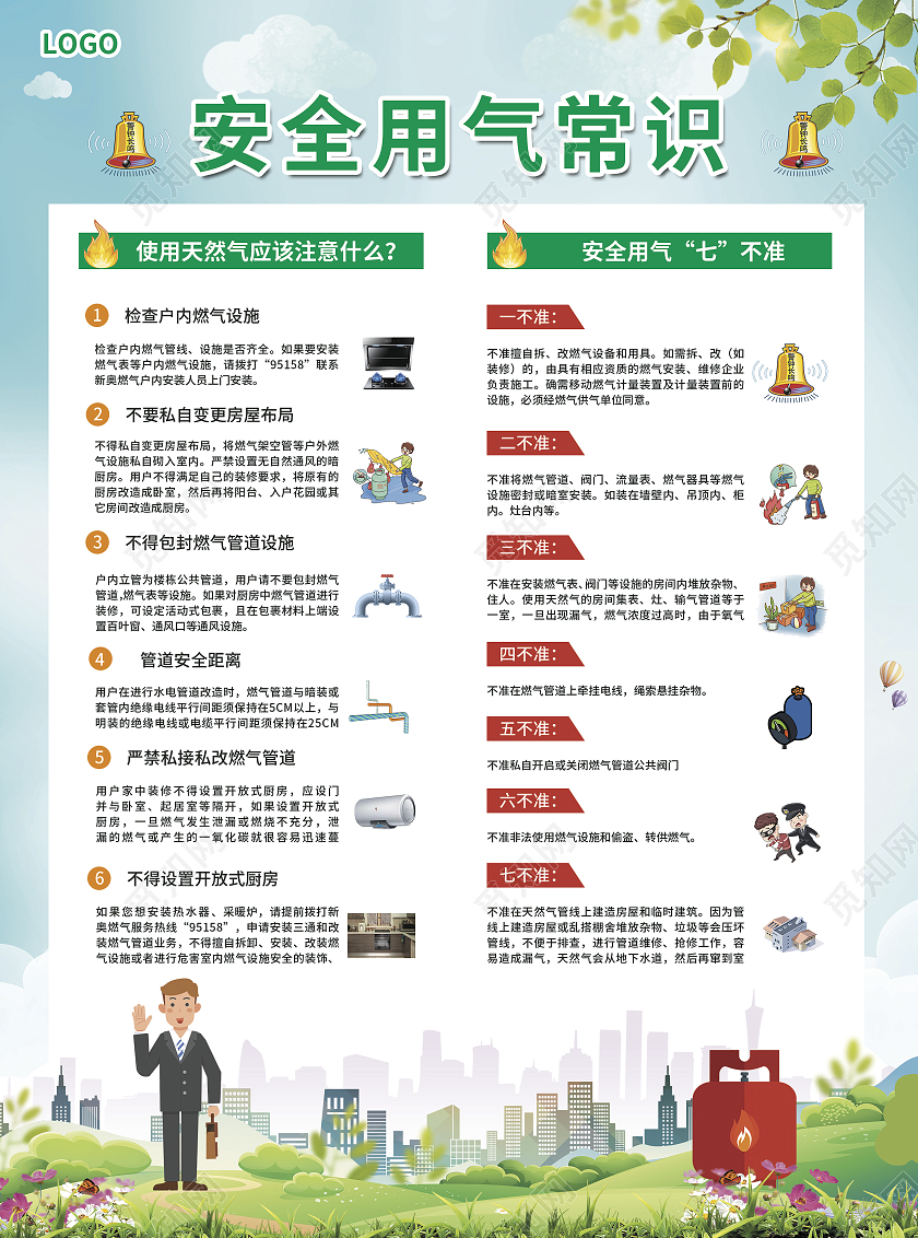 蓝绿色简约大气插画风安全用气常识燃气安全宣传单