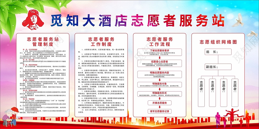 红色简约大气学雷锋志愿服务站设计模板