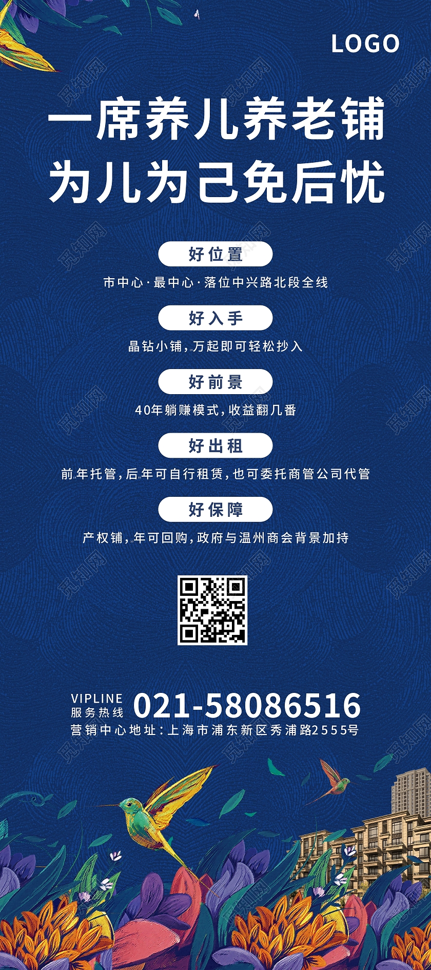 蓝色水彩花鸟背景商铺公寓购买租赁宣传房地产展架易拉宝