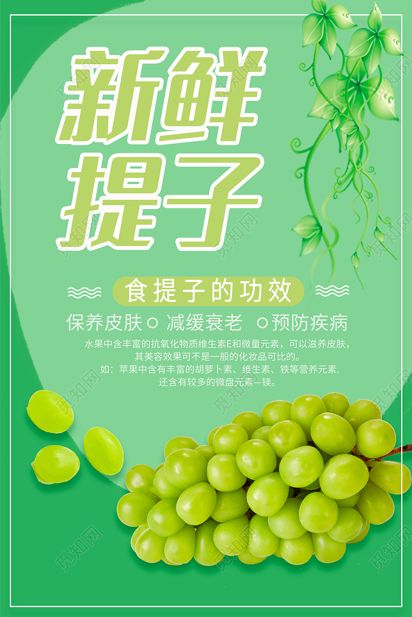 绿色简约风新鲜提子食提子的功效保养皮肤缓解衰老预防疾病海报提子海报