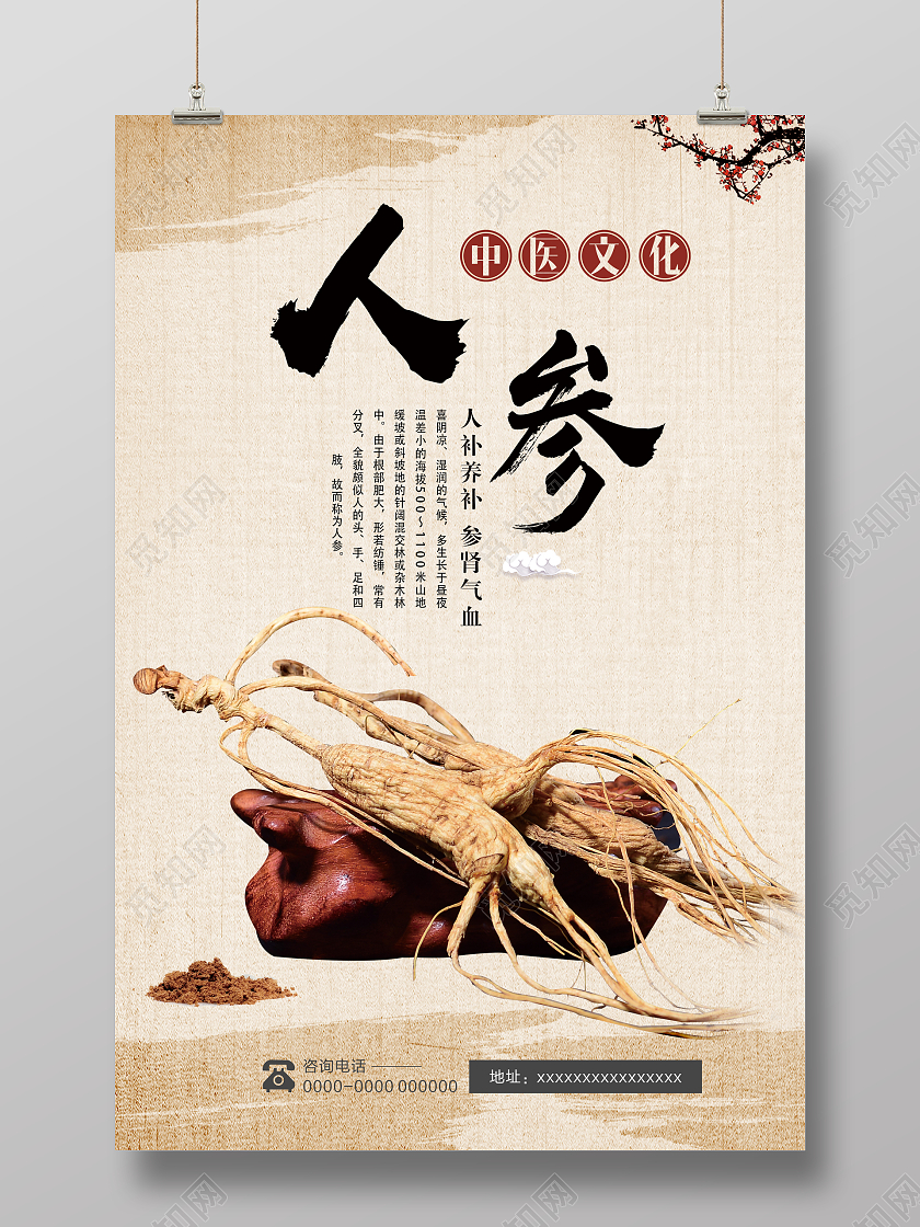 米色简洁大气人参中药宣传海报人参海报人参宣传海报展板