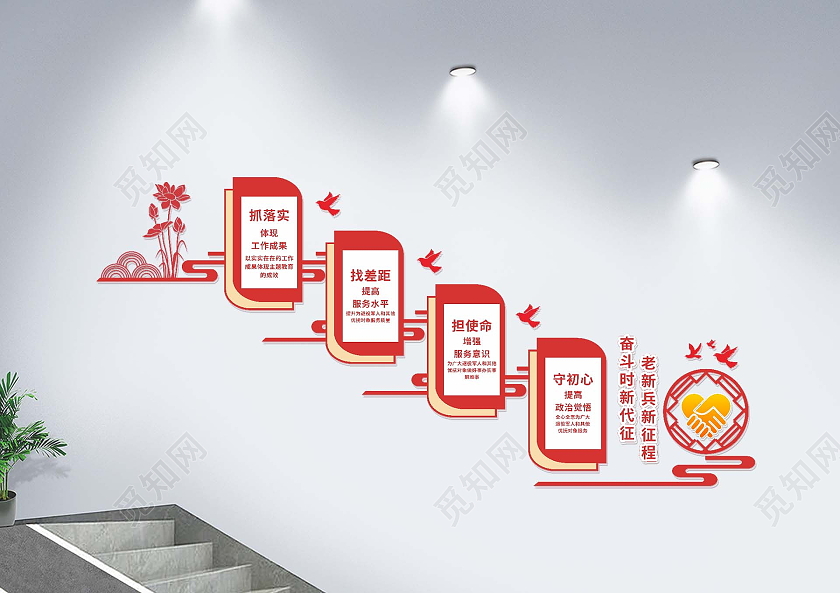 红色简约大气退役军人服务中心楼梯文化墙退役军人文化墙