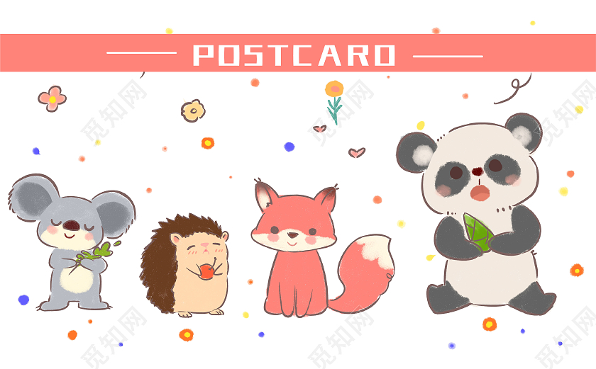 白色简洁动物卡通元素排版创意可爱明信片设计