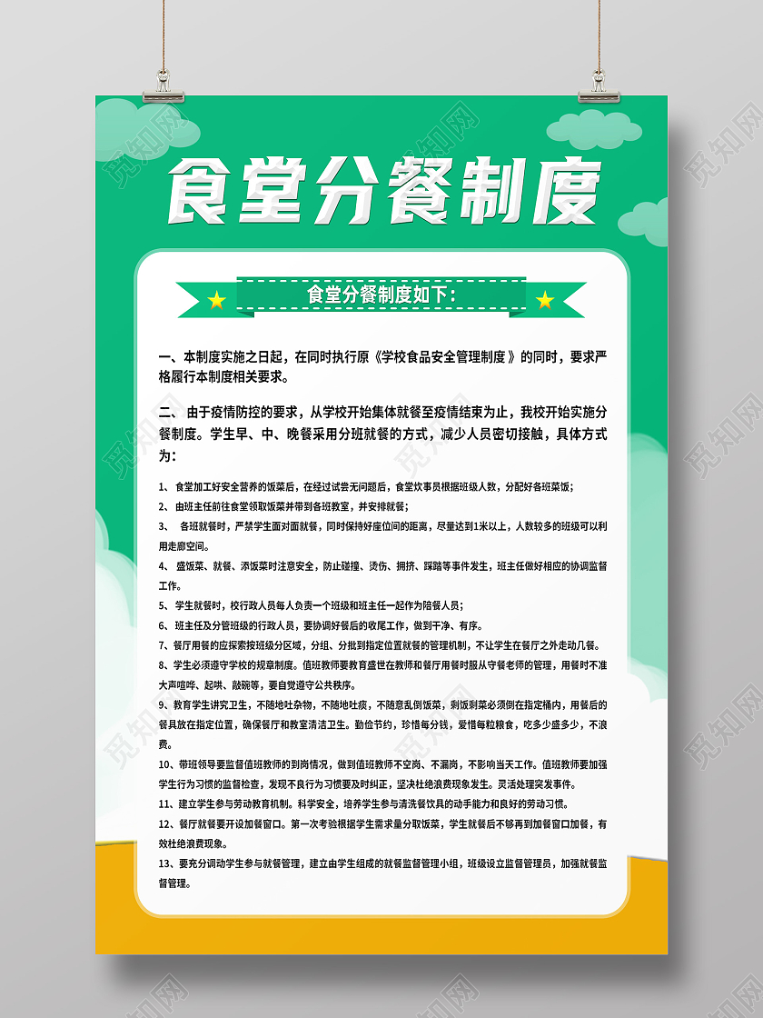 绿色简约食堂分餐制度食堂制度海报