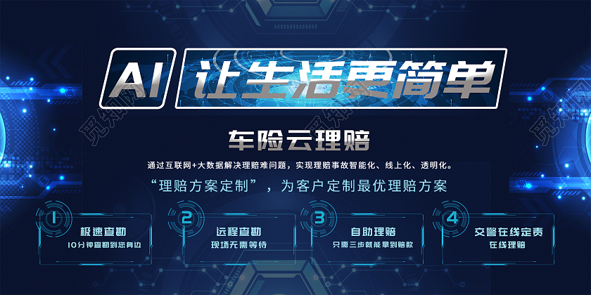 蓝色科技AI让生活更简单车险云理赔宣传展板车辆保险