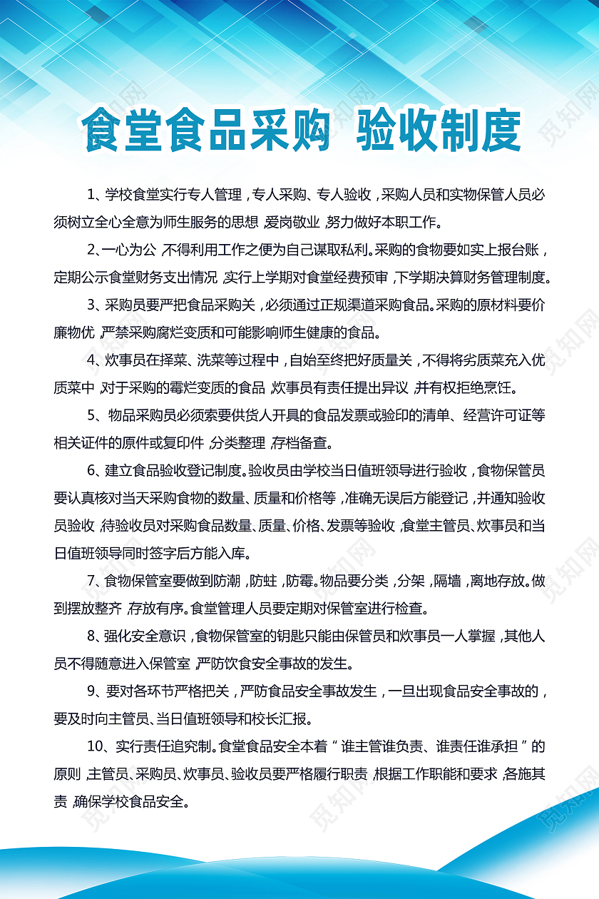 蓝色简约食堂食品采购验收制度食堂制度海报
