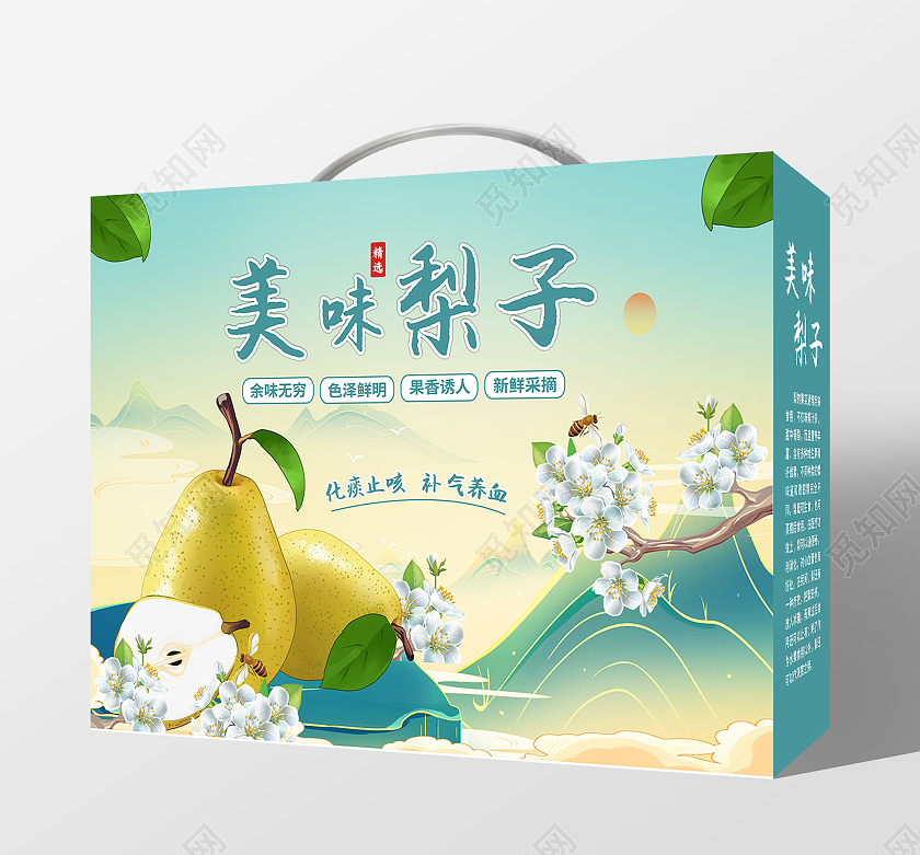 蓝色国潮风格美味梨子梨子礼盒包装梨子包装