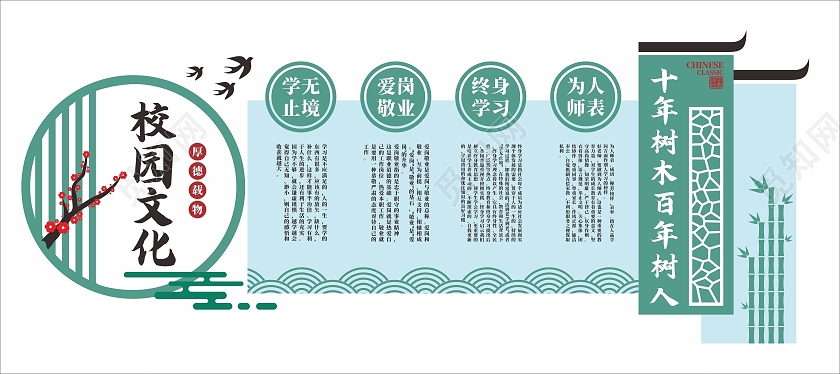 复古绿色校园文化走廊文化墙宣传学校走廊文化墙