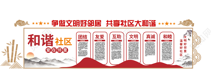 红色简约社区宣传社区邻里和谐文化墙文化墙