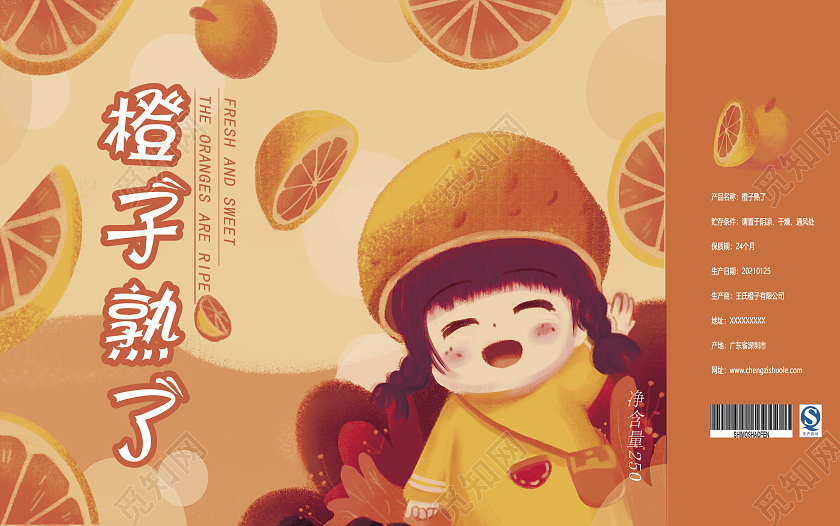 橙色卡通插画手绘水果橙子包装鲜橙包装盒