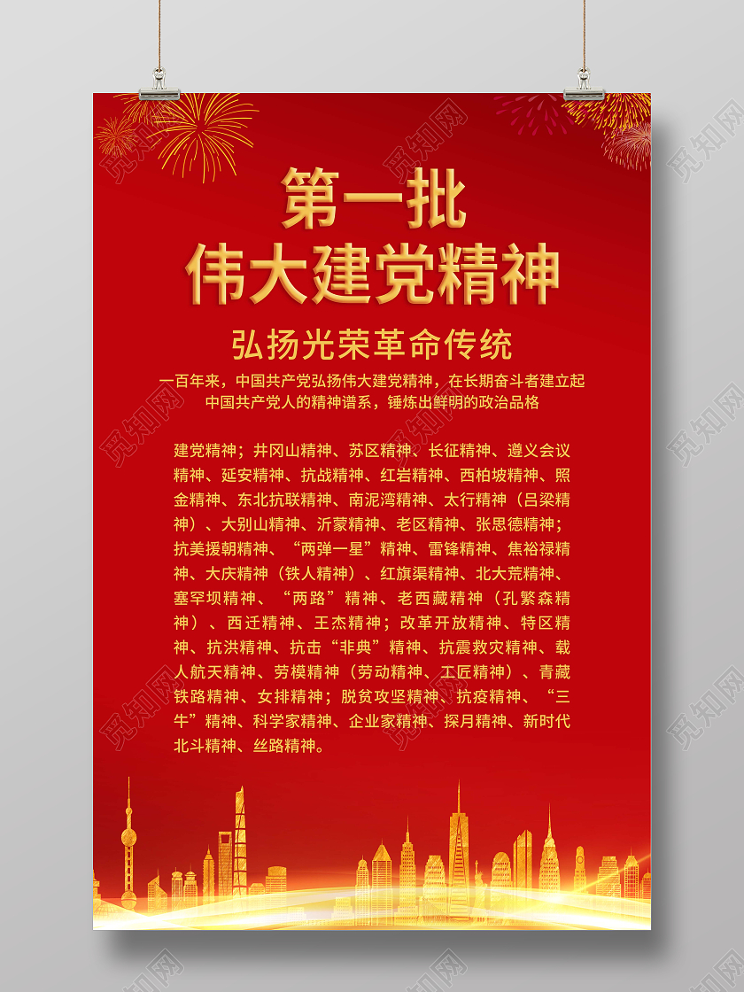 红色渐变卡通创意简约中国共产党人精神谱系海报第一批伟大建党精神