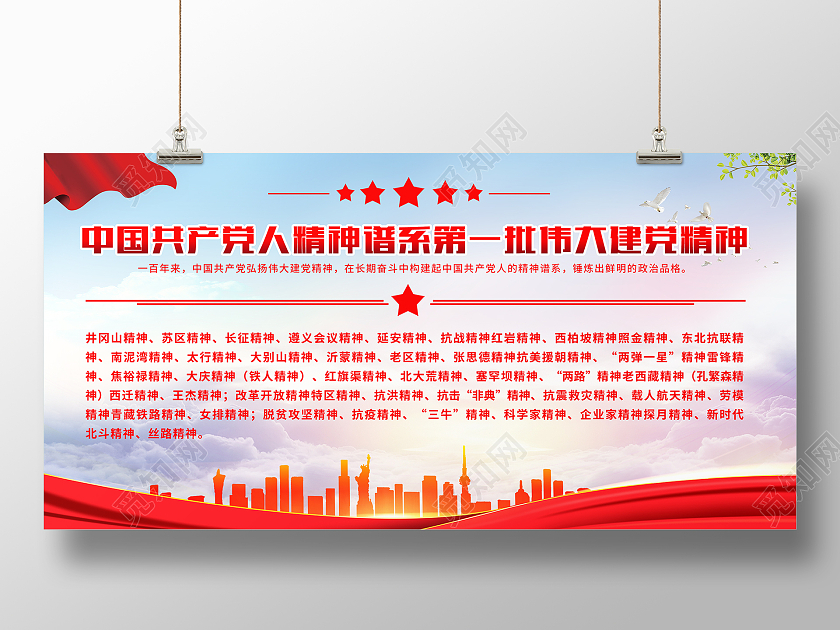 红色简约中国共产党人精神谱系第一批伟大建党精神展板