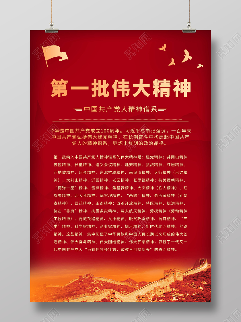 红色中国共产党人精神谱系第一批伟大建党精神海报