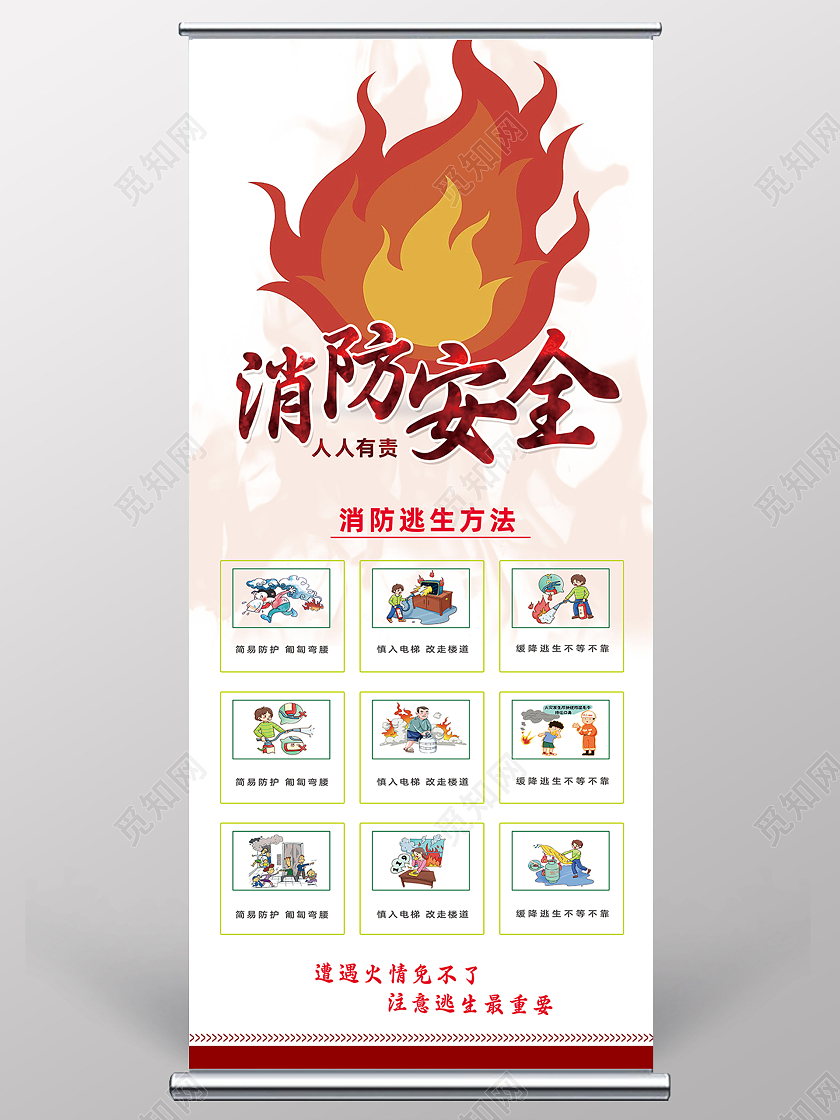 白色简约高端创意手绘安全消防展架