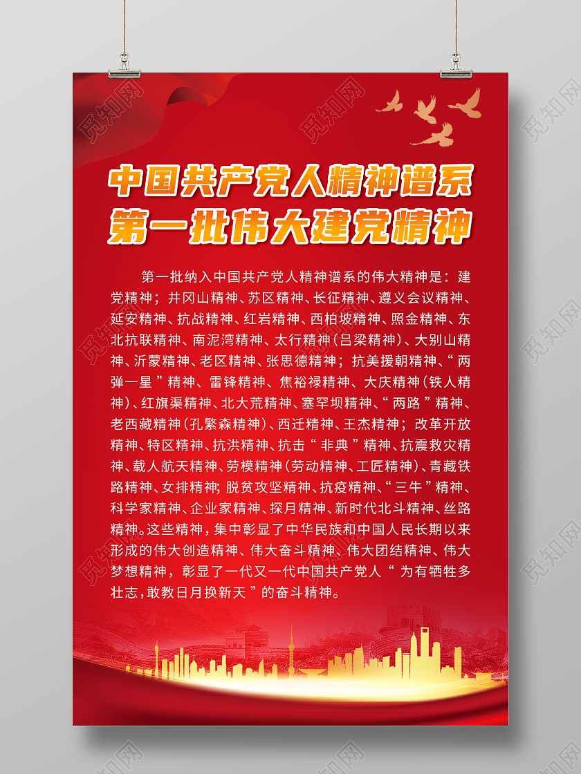 红色党建第一批伟大建党精神中国共产党人精神谱系海报