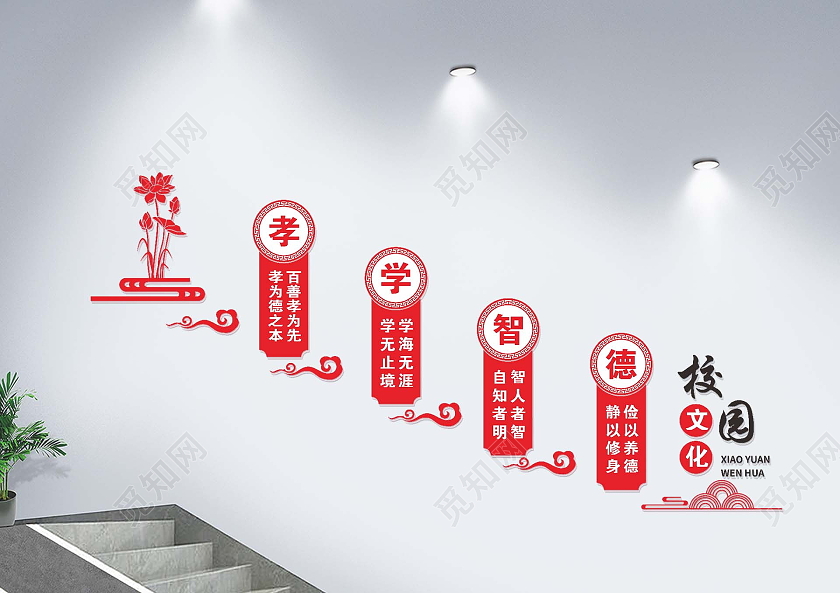 红色简约楼梯文化墙校园文化校园楼道文化墙