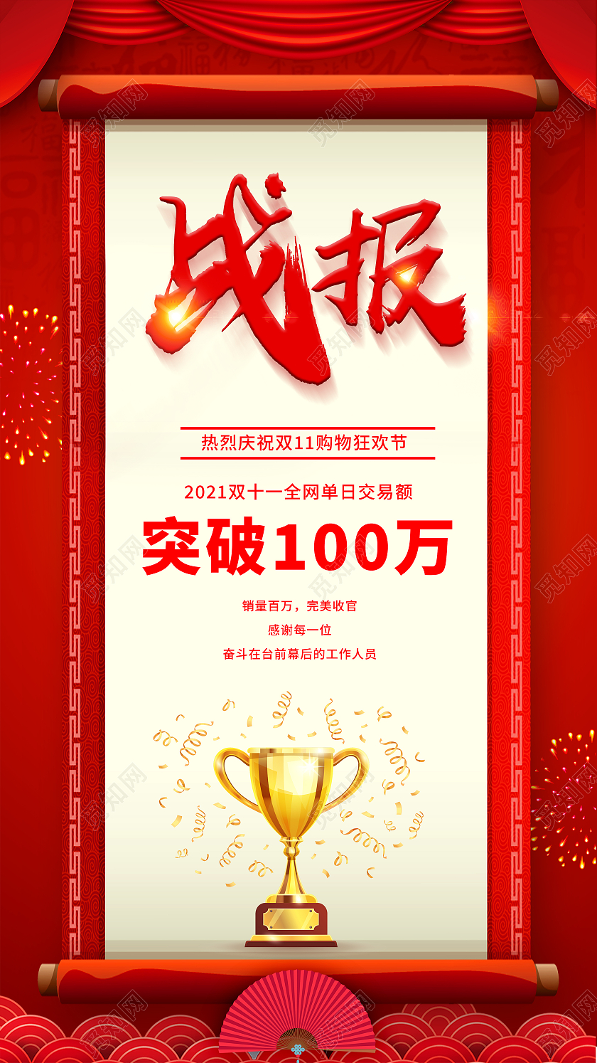 红色大字报风格双十一战报ui手机海报