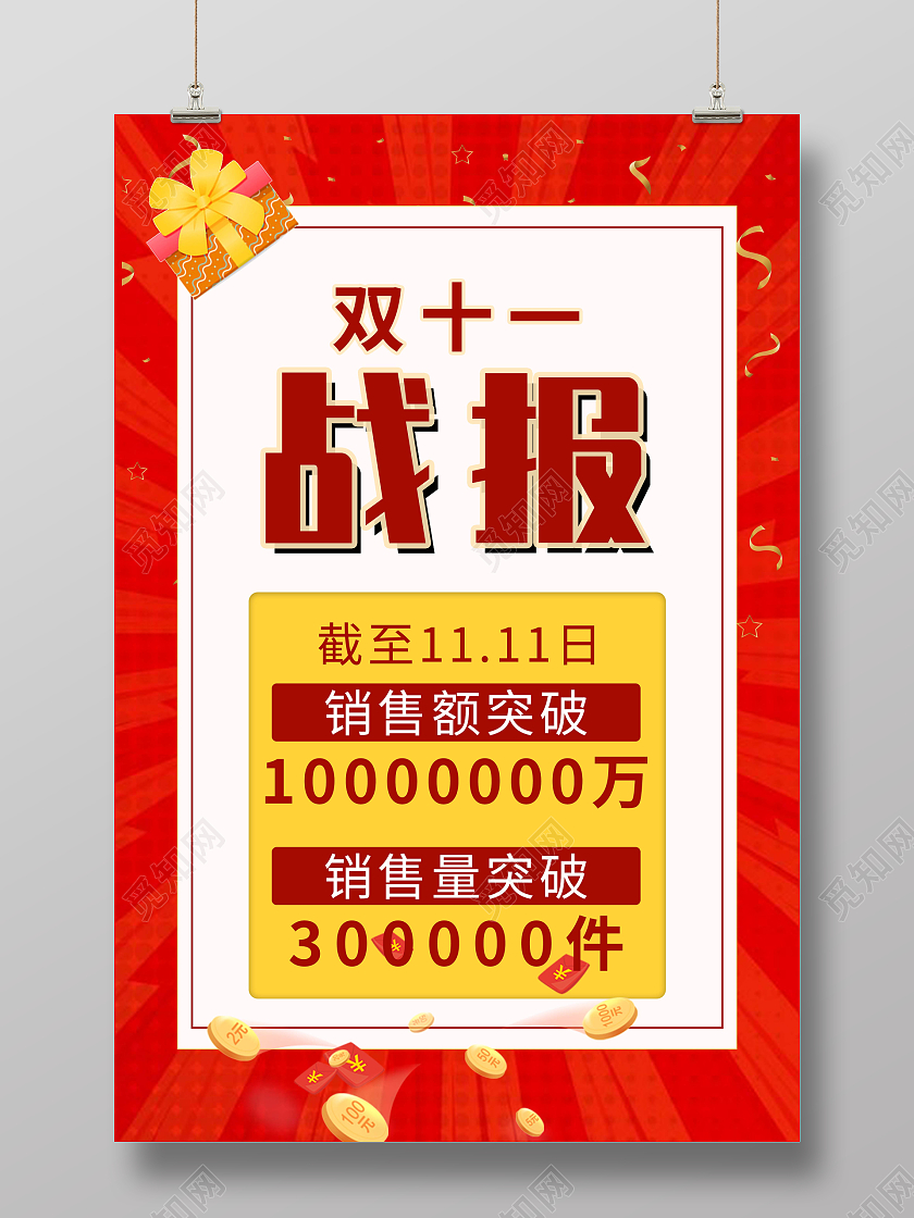 红色简约双十一战报来袭宣传海报营销用海报