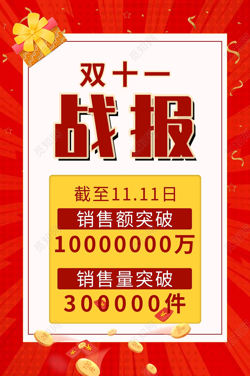 红色简约双十一战报来袭宣传海报营销用海报