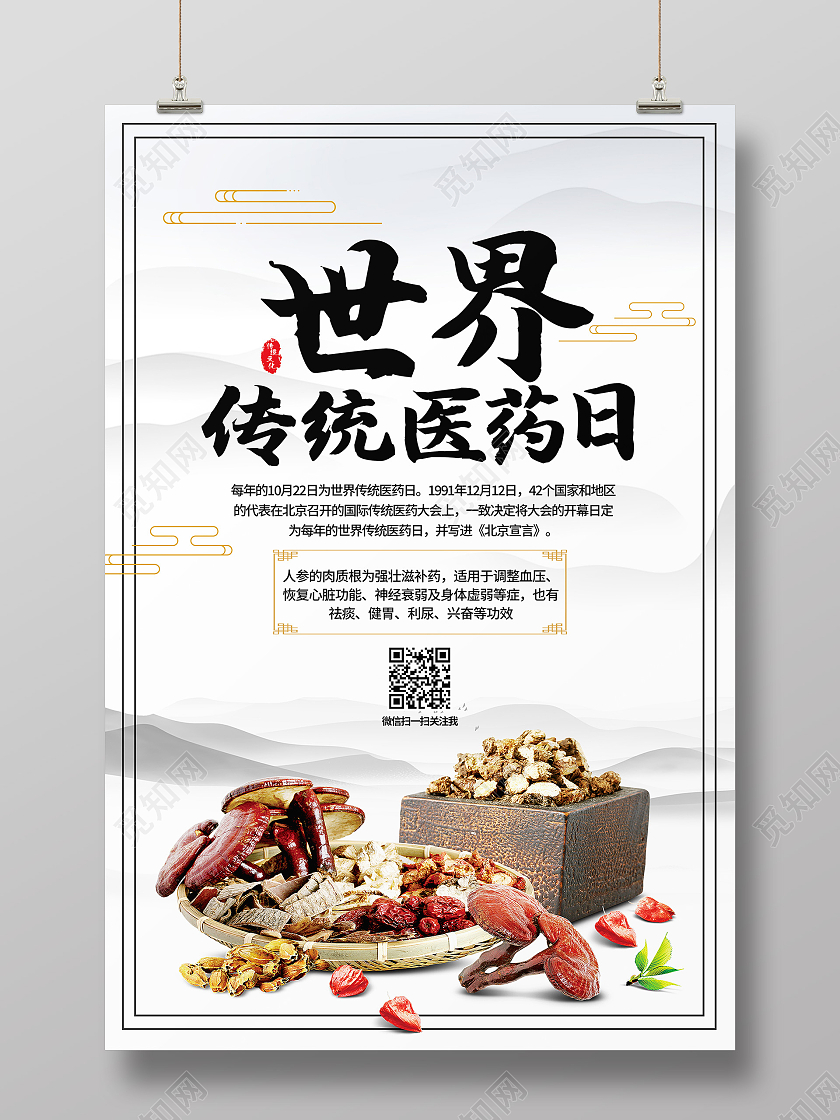 白色水墨风医药日药材世界传统医药日海报