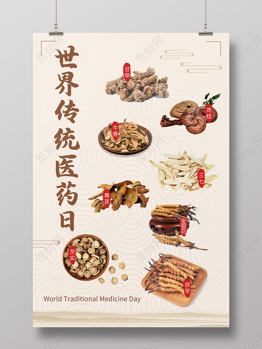 黄色古风医药日药材世界传统医药日海报