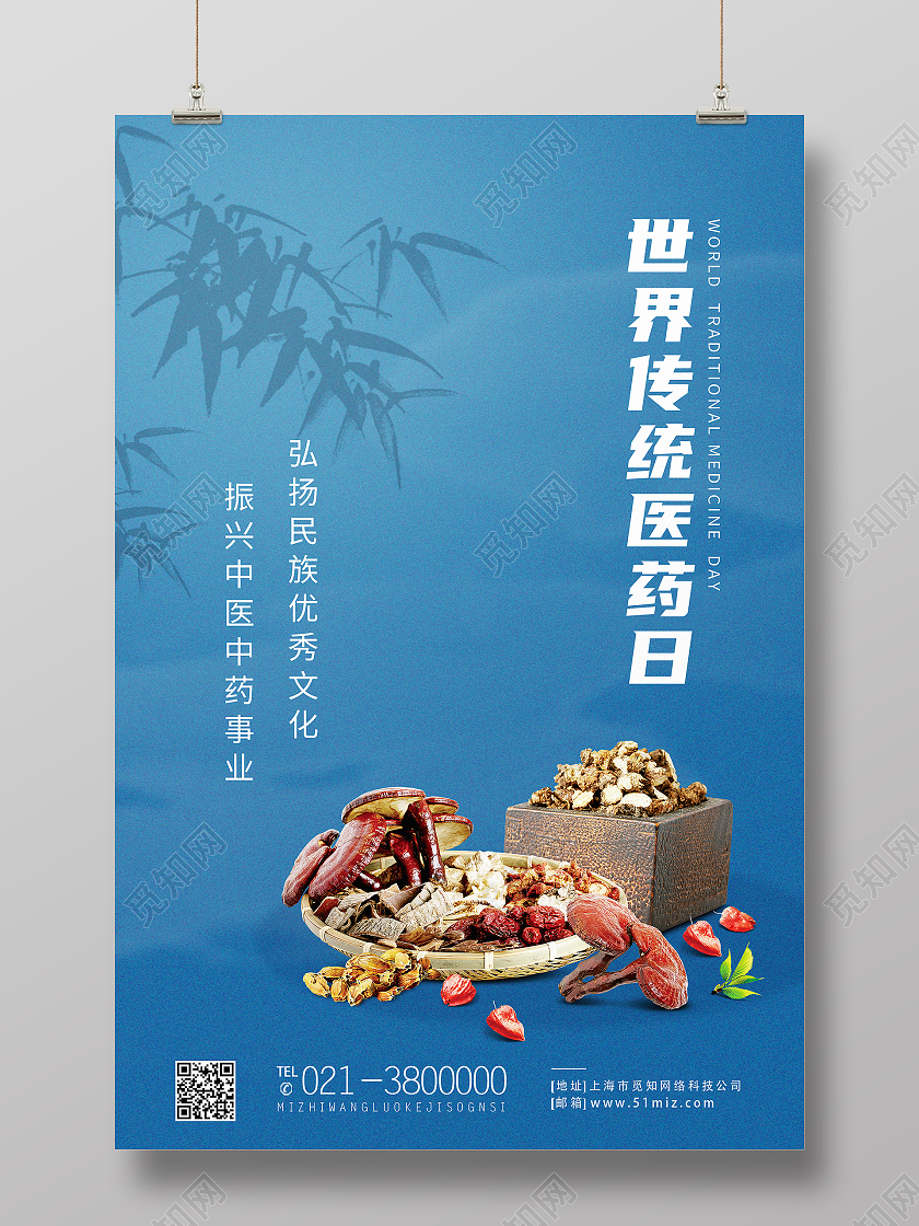 蓝色简约医药日药材世界传统医药日海报