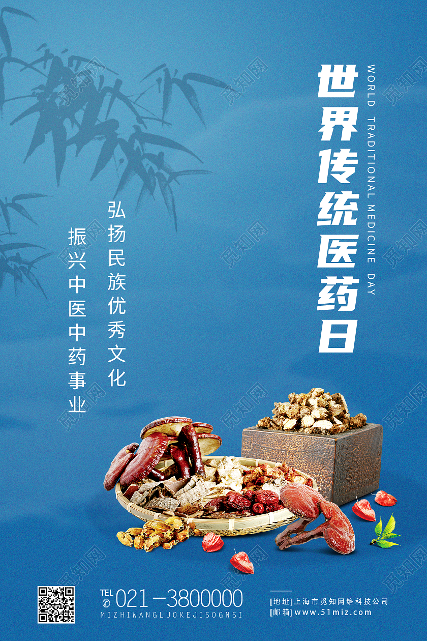 蓝色简约医药日药材世界传统医药日海报