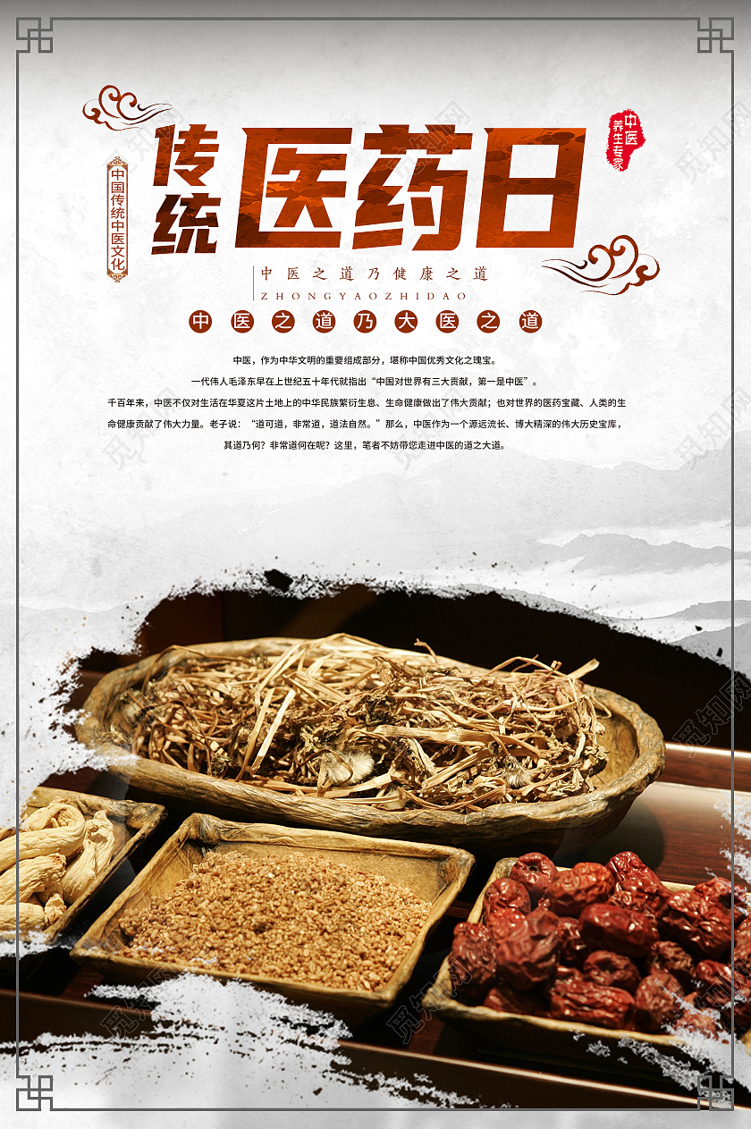 白色水墨风医药日药材世界传统医药日海报