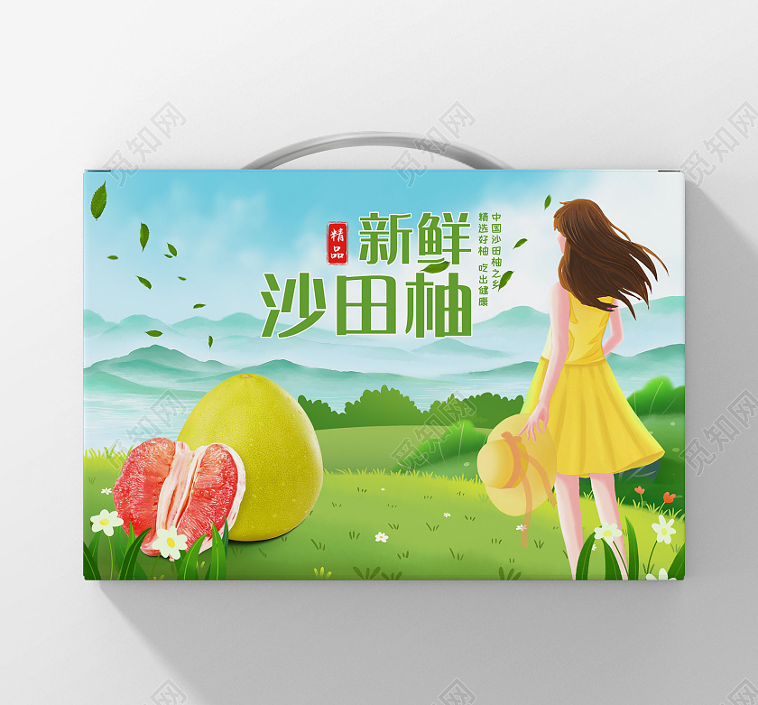 绿色插画新鲜清新沙田柚柚子包装手提盒横版