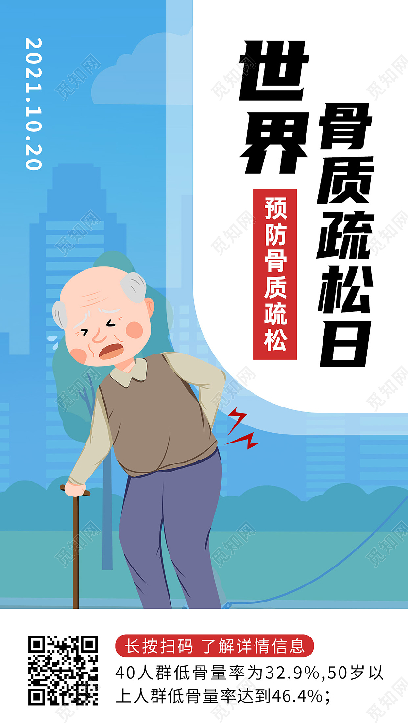 蓝色卡通世界骨质疏松日手机海报