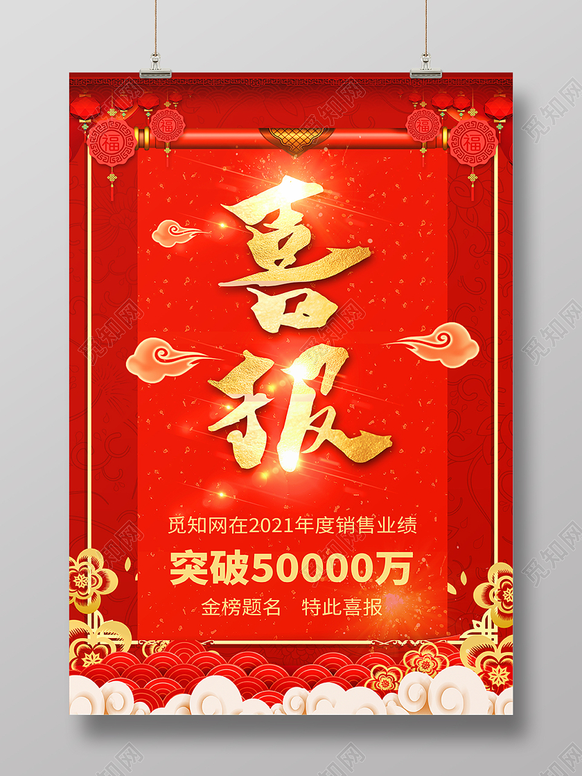 红色简约中国风喜报销售金额海报背景销售喜报海报