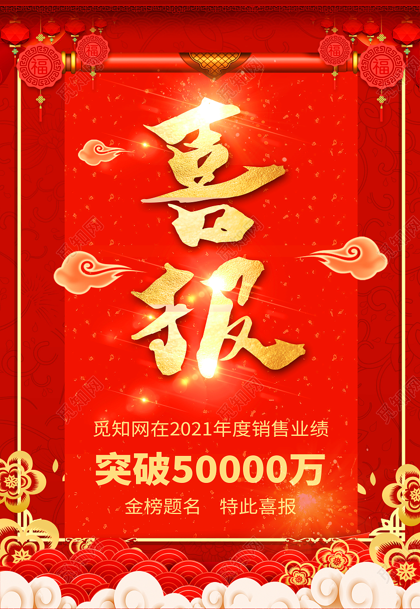 红色简约中国风喜报销售金额海报背景销售喜报海报