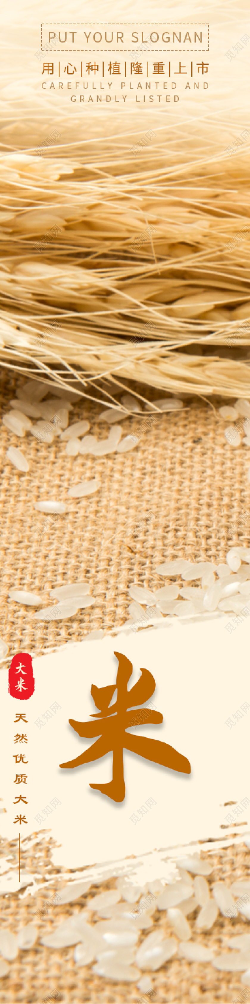 金黄色简约风格水墨笔触有机大米稻米鲜香挂画大米套图