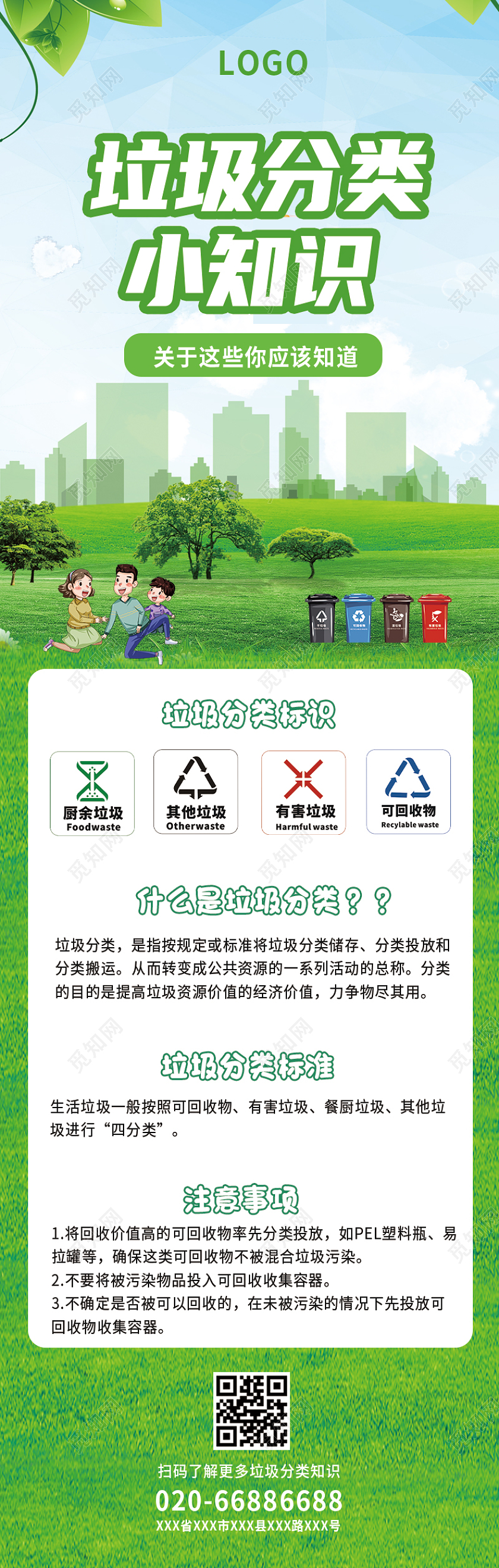 绿色卡通垃圾分类小知识手机长图垃圾分类手机长图