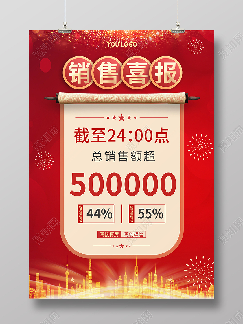 红色简约中国风喜报销售额海报背景销售喜报海报