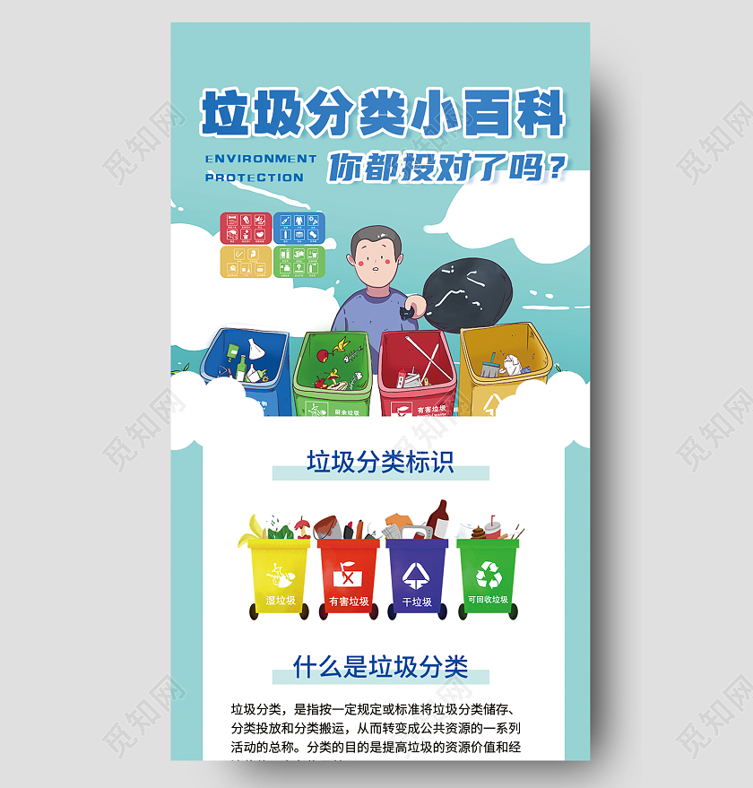 蓝色简约大气垃圾分类小百科垃圾分类手机长图手机UI长图海报